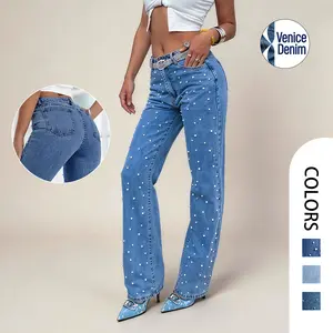 Mid Rise Straight Leg Studded Denim Still Jeans for Women – Blue, Butt Lifting, Pearl Decor & Embellished Details, Shiny Trousers, Casual Mid Waisted Streetwear, Tummy Control Womenswear Trendy Bottoms