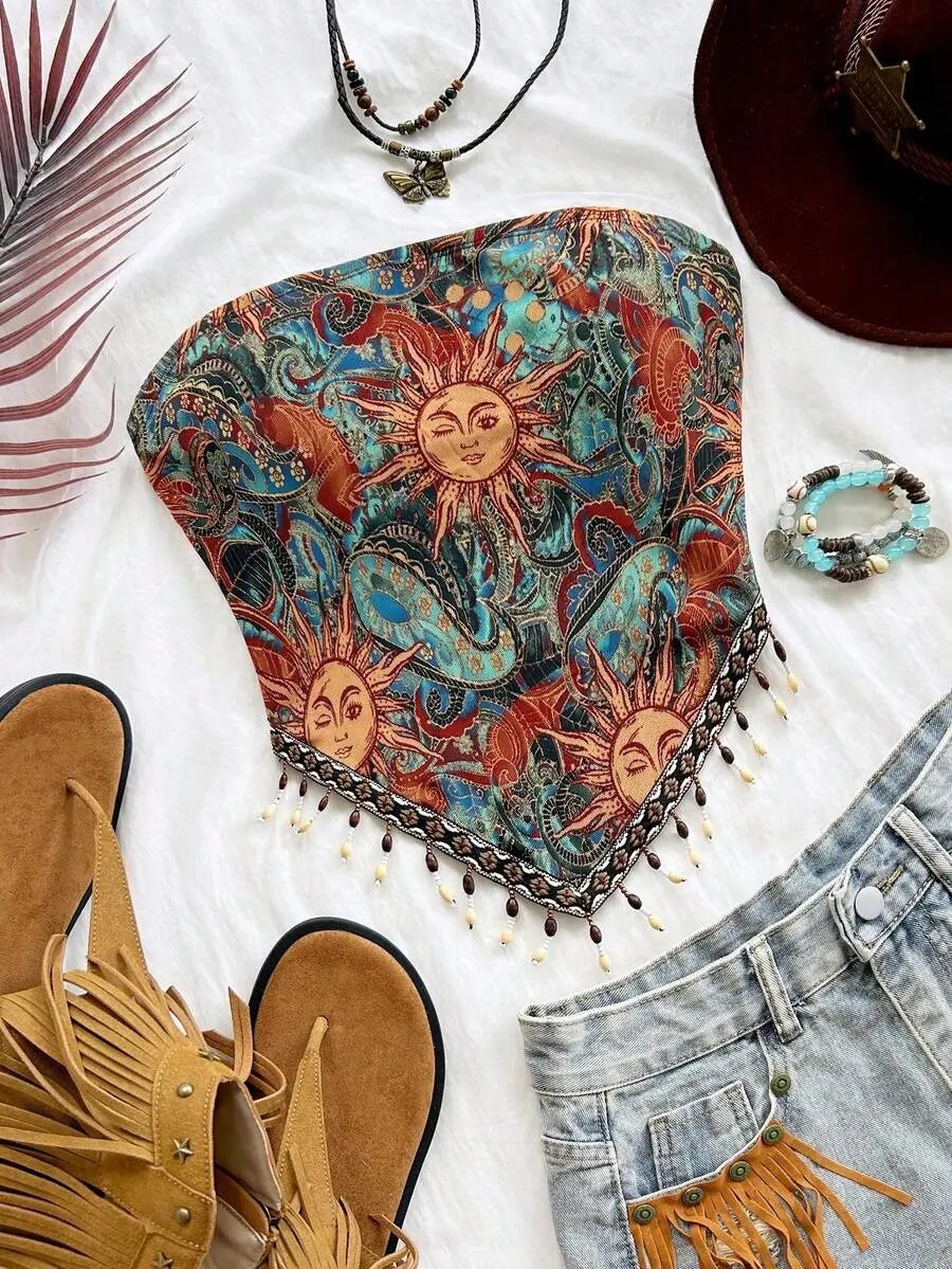 Women's Boho Paisley Strapless Tube Top, Vintage Sun Print Beaded Bandeau, Festival Beach Vacation Y2K Summer Corset Top