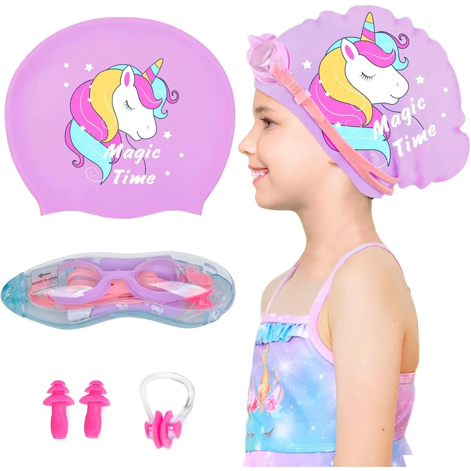Kids' Silicone Swim Cap Set (Age 2-6) for Short-Haired Girls, Durable Waterproof Cap, Swimming Goggles, Ear Plugs, Nose Clip, Children's Sporty Kids' Swimwear for Pool Time, Short Hair Fit, Female, Unicorn Print, Patterned One-Piece Swimming Caps