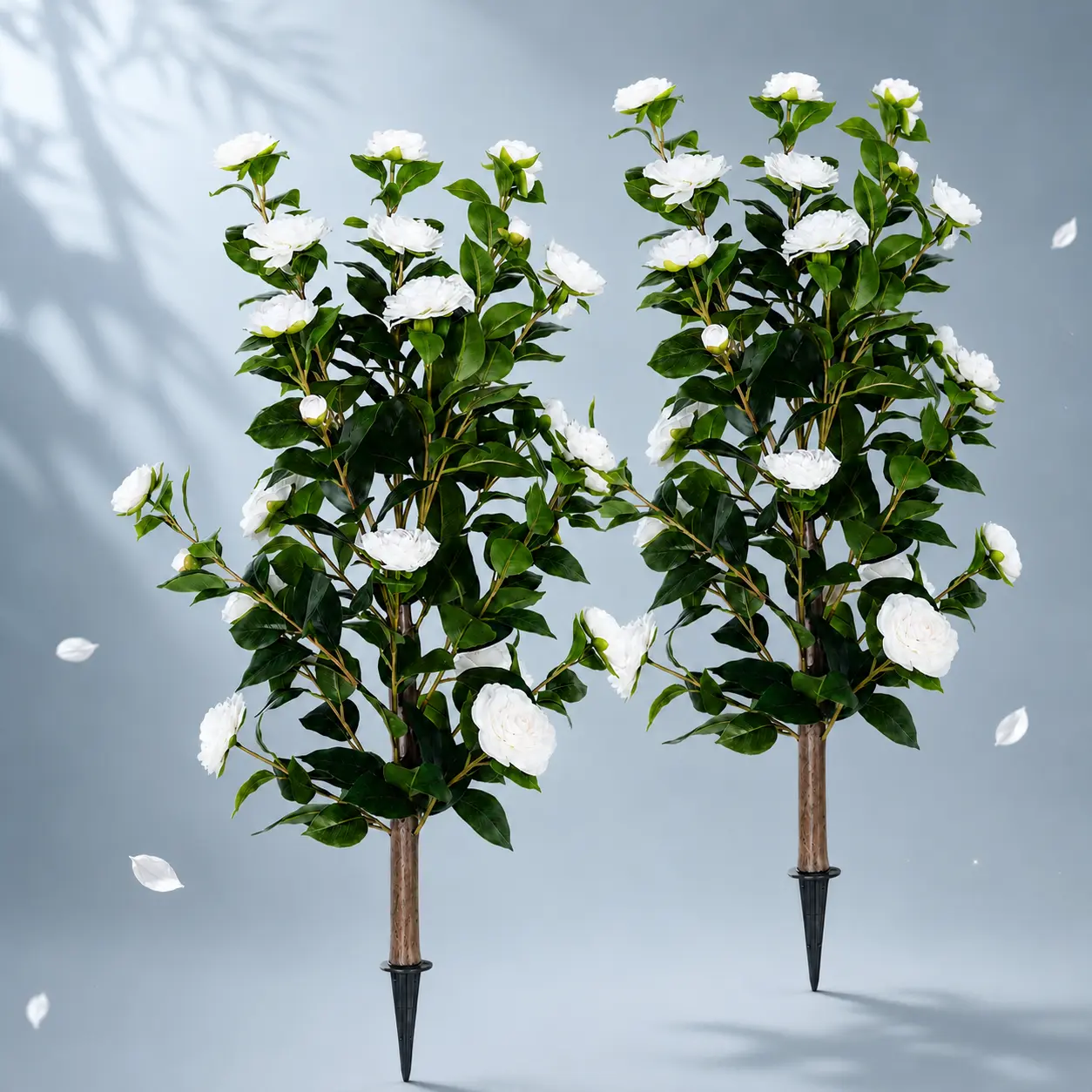 2-Pack 35-Inch Artificial Camellia Flower Stakes, Realistic Weather-Resistant Faux Shrubs for Garden, Patio Outdoor Decor