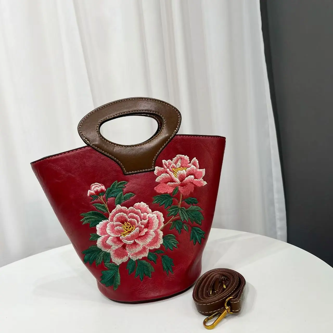 A95-Elegant Floral Embroidered Bucket Handbag Large Capacity Shoulder Crossbody Bag