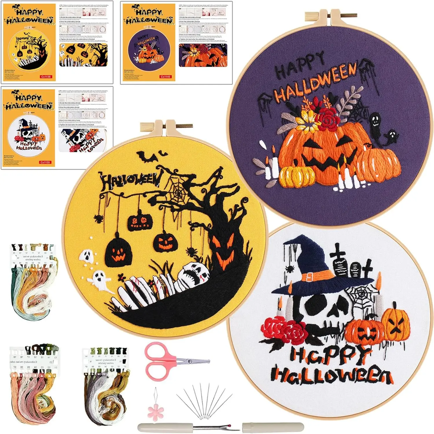 3 Sets Halloween Embroidery Kit,Needlepoint Kits for Adults with Clear Instructions