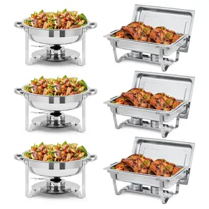 Gaomon 6-Pack Sturdy Stainless Steel Chafing Dish Set - Rectangular & Round, Lidded, Stackable Buffet Warmers with Handles for Catering, Weddings, Dessert & Food Serving