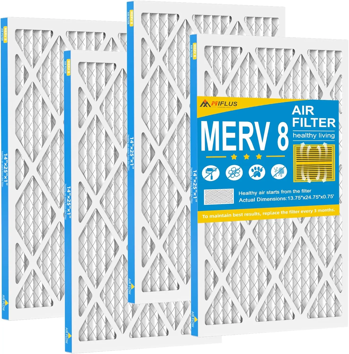 Furnace 14x25x1 Filter,MERV 8,HVAC Air Filter,Dust Defense-4packs by MIFLUS Air