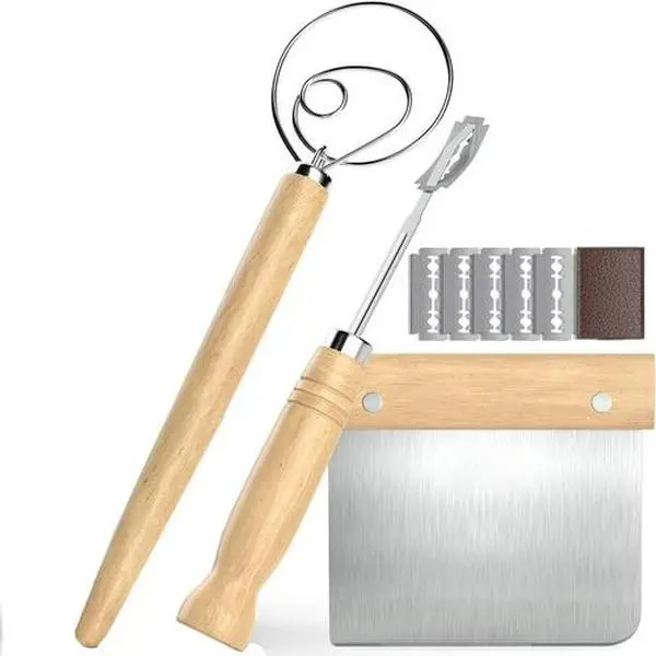 Stainless Steel 3-Piece Bread-Making Tool Set with Handles - Danish Kneader, Bread Knife, Scraper, Whisk - Perfect for Sourdough, Rustic Baking - Home Kitchen Bakeware Supplies