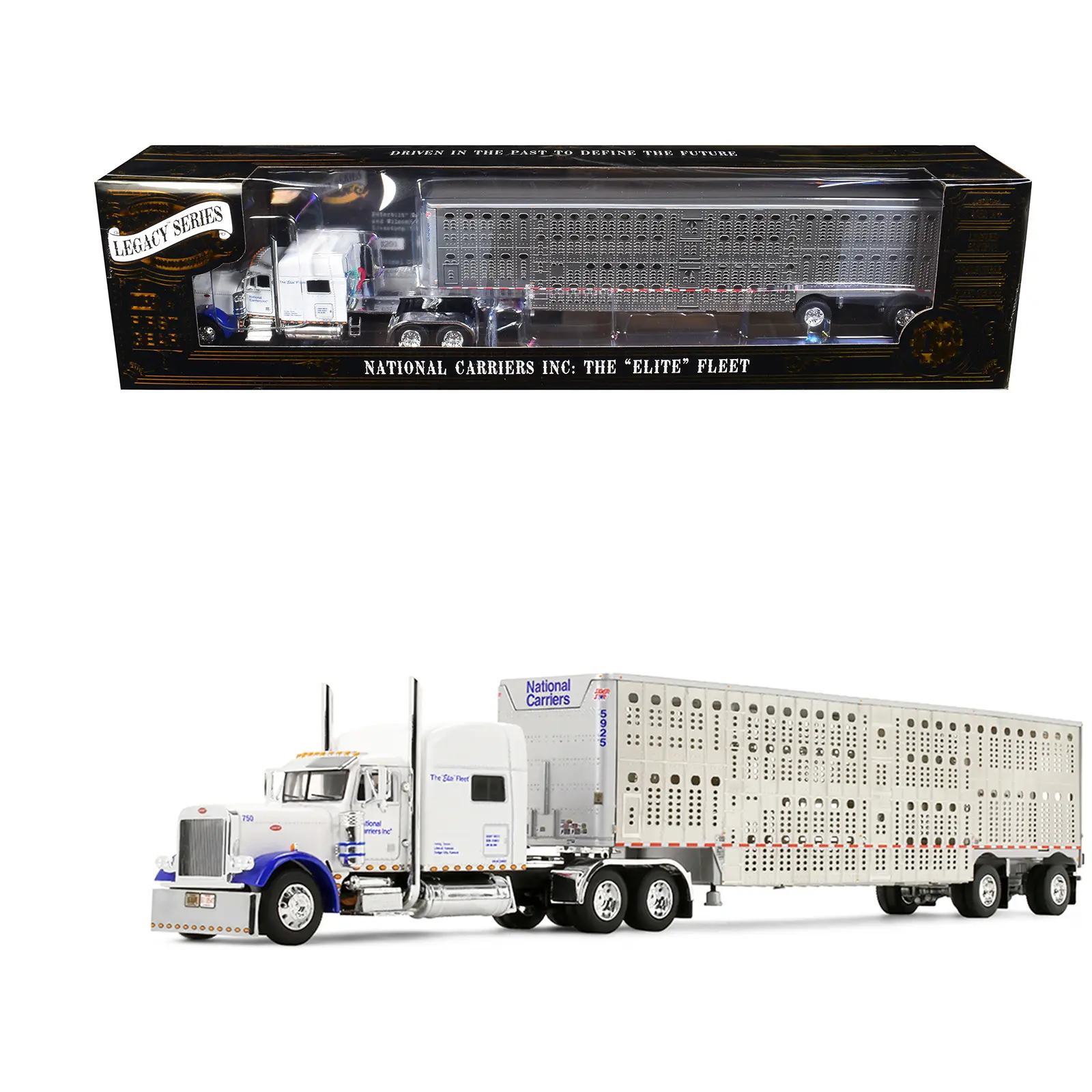 Peterbilt 379 with 70" Mid-Roof Sleeper and Wilson Silverstar Livestock Trailer White 1/64 Diecast Model by DCP/First Gear