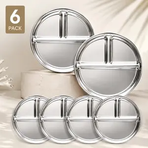 6-Pack 304 Stainless Steel 3-Compartment Tray Plates - Thick, Food-Grade, Durable Divided Dinner Tray Plates, Easy-Clean Kitchenware for Fitness Portion Control, Buffet Catering