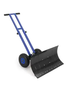 29x14.2 in Snow Shovel with 5-Position Angled Blade & Adjustable Handle,Heavy Duty Metal Snow Pusher Shovel with Wheels for Driveway,Doorway,Sidewalk,Pavement,Blue & Black