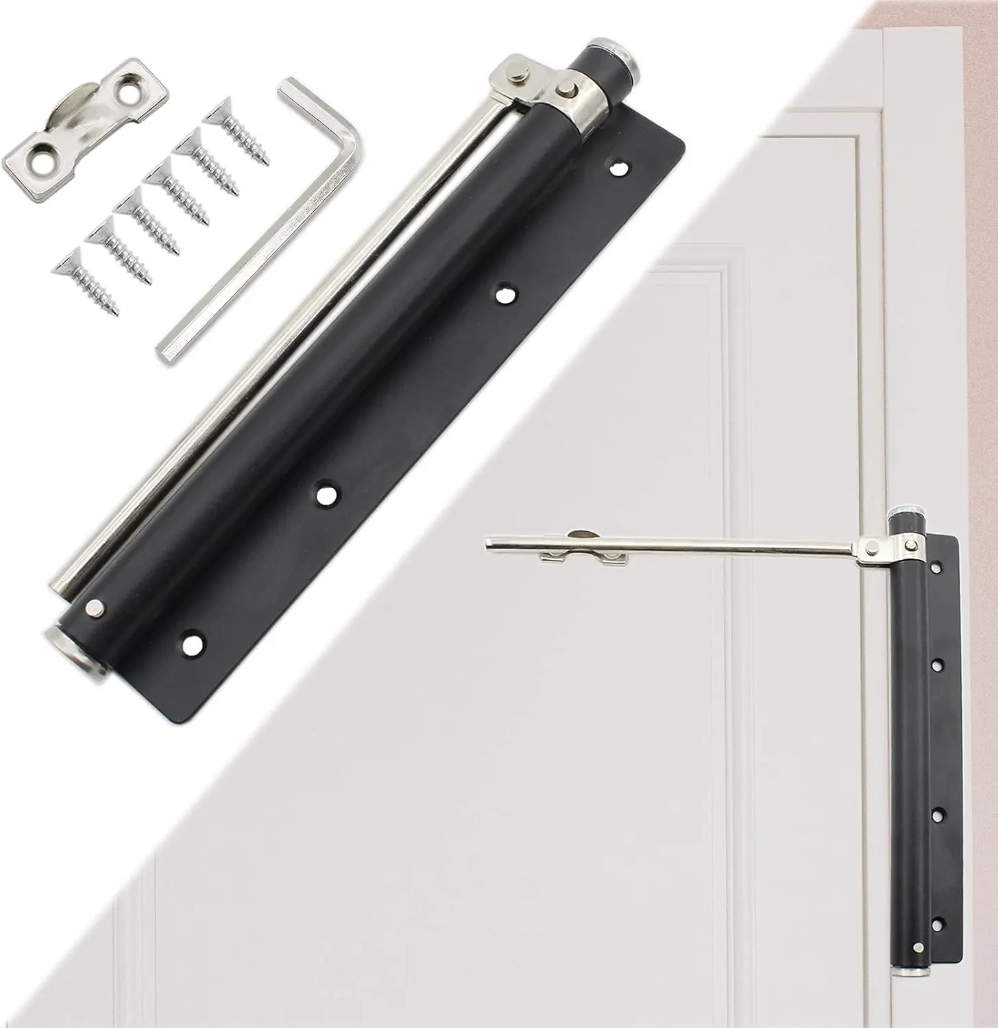 Automatic Door Self-Closing Hinge, Automatic Door Closer, Safety Spring Door Closer,Adjustable Catch Speed Closure,Top Latch Soft Close,Easy to Install,Stainless Steel with Force Arm,Screws and Wrench