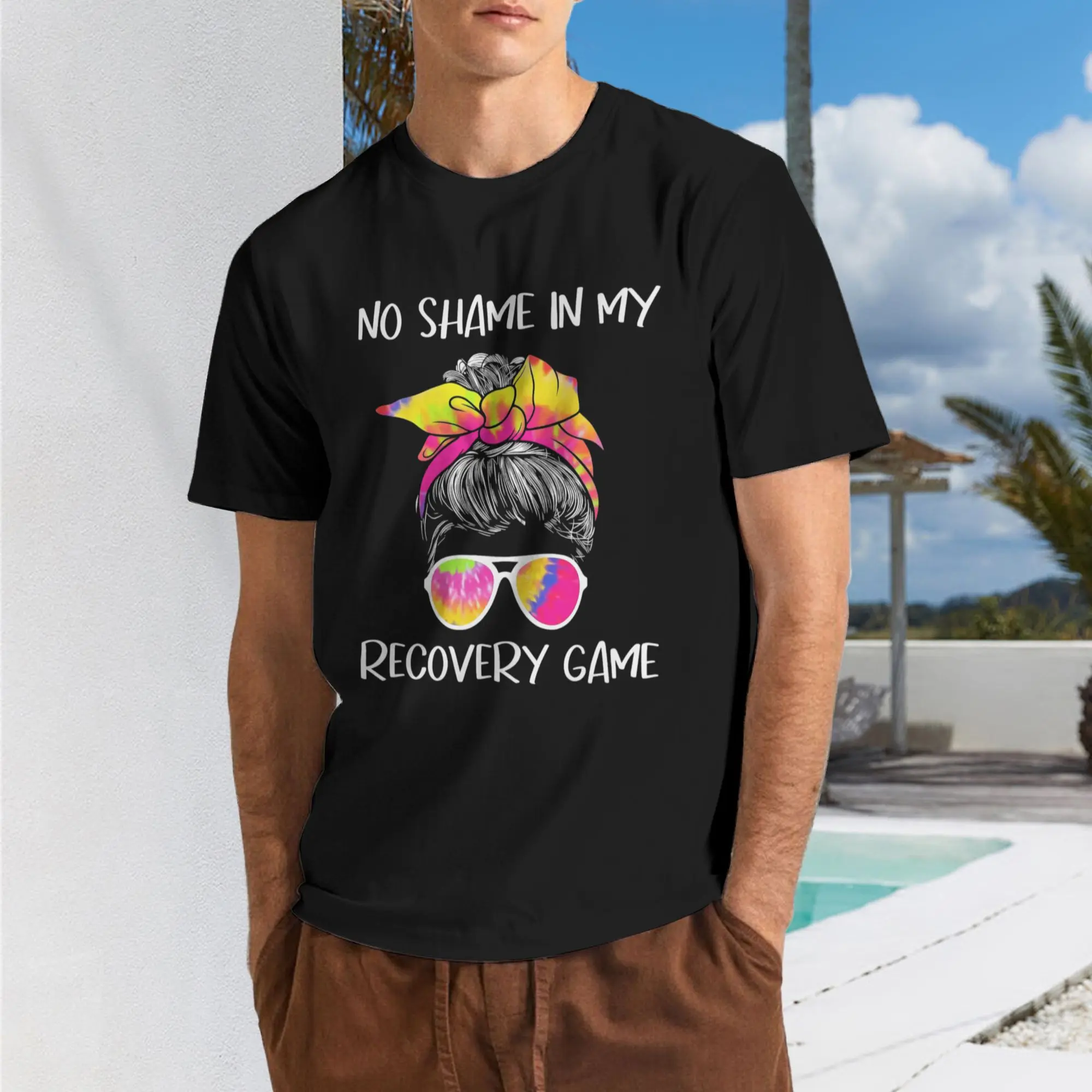 Mens AA NA Recovery Tshirt No Shame in My Recovery Game Slogan Sobriety Gift with Ribbon 12 Step Meeting Apparel Loose Fit Casual Streetwear Black Short Sleeve retro Casual Short-Sleeved T-Shirt with a Round Neck And Printed Pattern Suitabl
