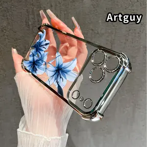 Blue Lily Grace Pattern Four Corner Anti-Fall Phone Case Transparent Electroplated Protective Cover for iPhone 17 Pro Max Air 16 15 Plus 14 13 12 11 E