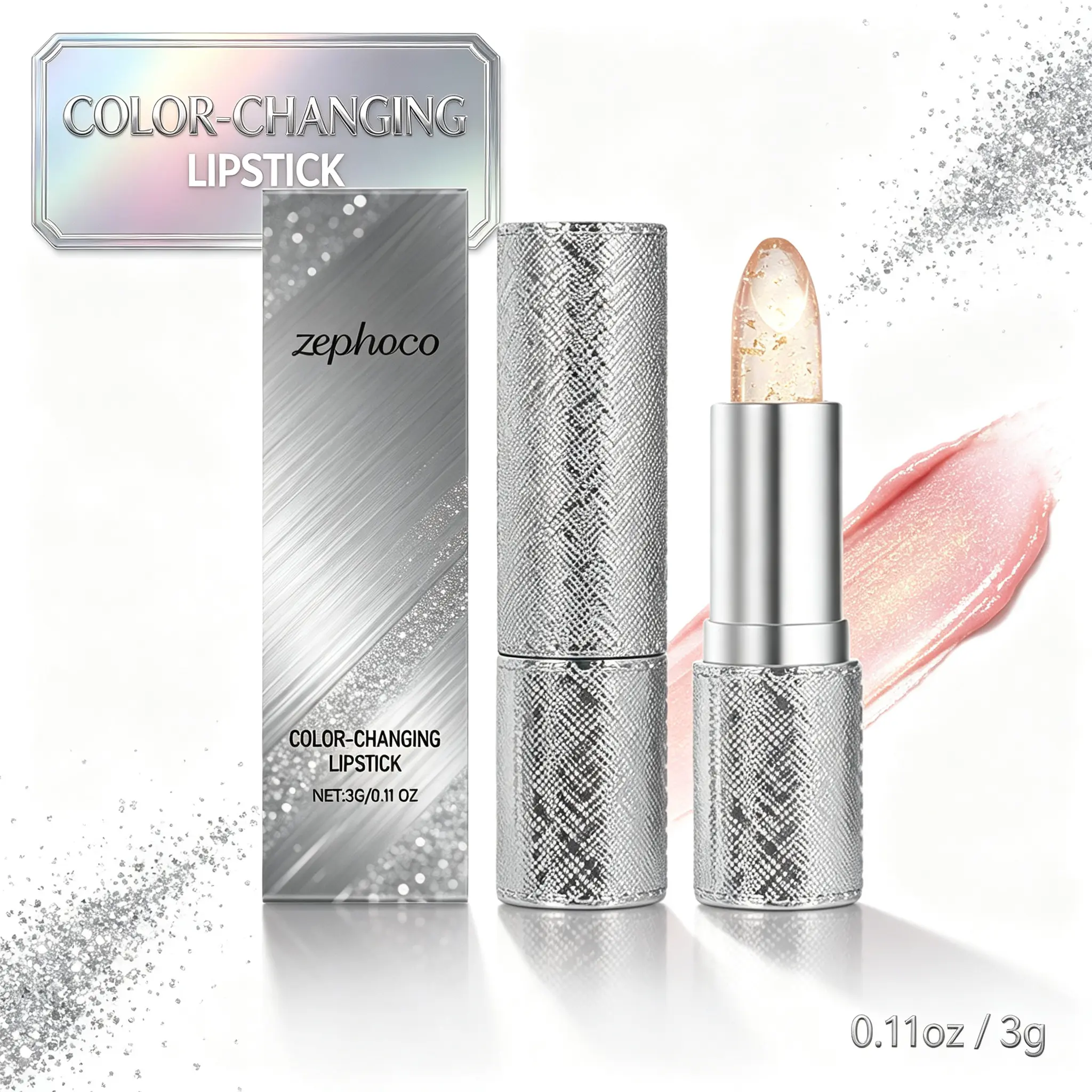 Color Changing Lipstick - Gold Flakes pH Lip Balm, Long Lasting Hydrating Tinted Lipstick, Custom Pink Shade, 0.11oz