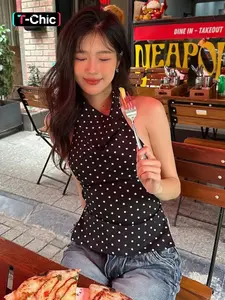 Women Summer Sexy Chic Casual Fit Halter Sleeveless Backless Polka Dot Tank Top Camis Womenswear Boho Backless Camisole