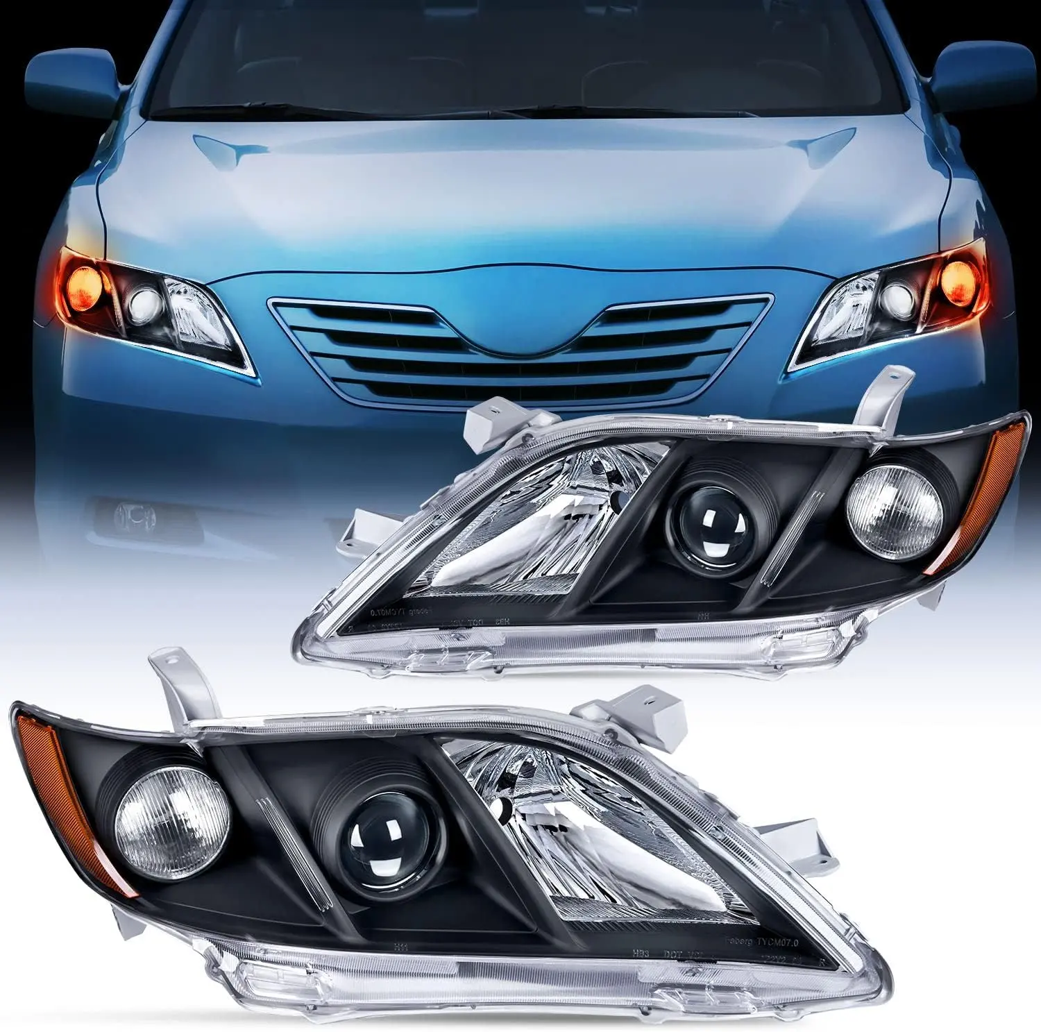 Nilight Car Headlight Assembly Pair Set - Compatible with 2007-2009 Toyota Camry, Black Housing, Amber Reflector, Driver + Pass. Sides, Temperature-Resistant, Anti-Fog Vent, IP65, Car Exterior Upgrade Replacement