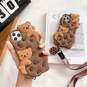 3D Cute Doll Chocolate Cookie Bear Phone Case for iPhone 15 14 13 12 11 Pro XS Max X XR Biscuit Lanyard Rope Soft Silicone Cover