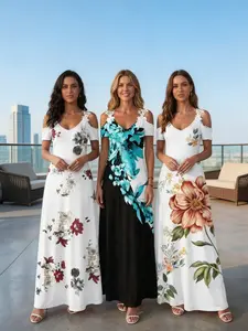 Women'S Printed White Lace Sleeveless Suspender Dress Summer Fashion Casual Long Dress NONE