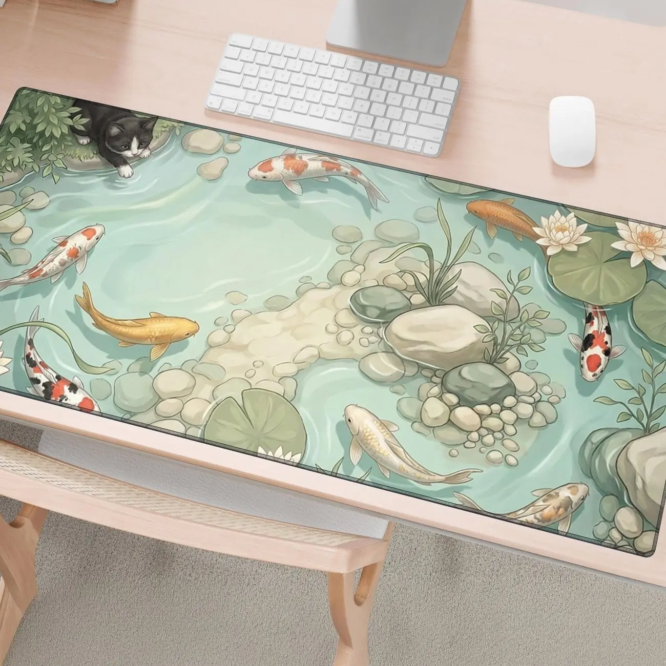 Custom Cat Desk Mat, Personalized Cat Mouse Pad, Koi Fish Gaming Mouse Pad, Lily Pond Desk Mat, Cute Desk Accessories, Cat Lover Gift