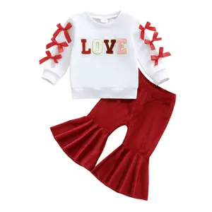 Toddler Baby Girl Valentine's Day Outfit Long Sleeve Bow Letter Embroidery Sweatshirt Top Bell Bottoms 2Pcs Set