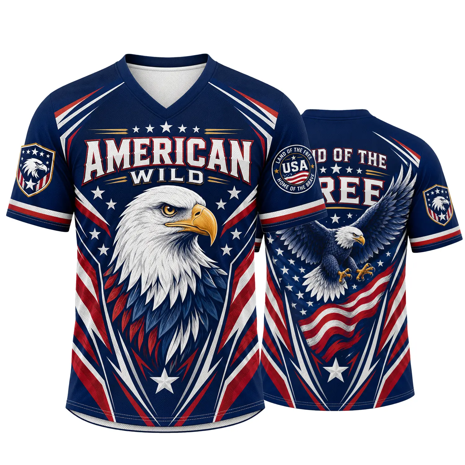 Men's Navy V-Neck Soccer Style Shirt, American-Inspired Eagle Flag Graphic Short Sleeve Athletic Fan Top