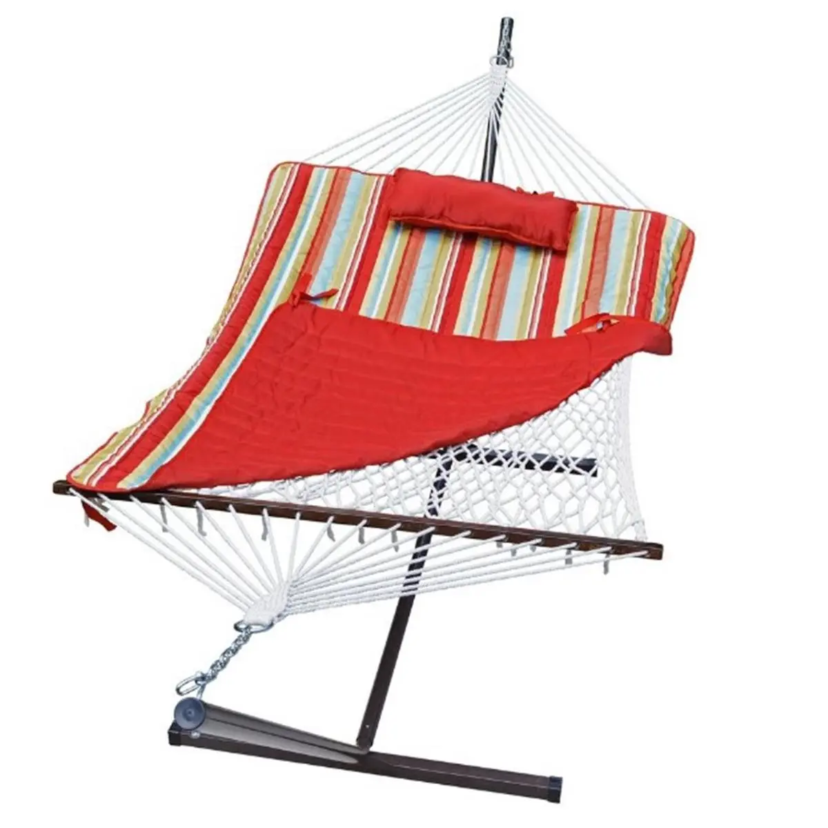 212 MAIN Durable Cotton Rope Hammock with 11-ft Rust-Proof Stand, 78x55 in Pad-Pillow Combination, Red & Multi Color Backyard Hammock, Durable Hammock