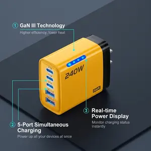 240W 5 In 1 GaN Desktop Charger Fast Charging Adapter With Type C Cable