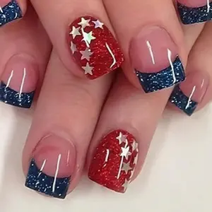 New High-End Independence Day Star Square Nails, Blue Glitter Reusable Press-On Nail Art, Includes Jelly Glue and File, for All Women