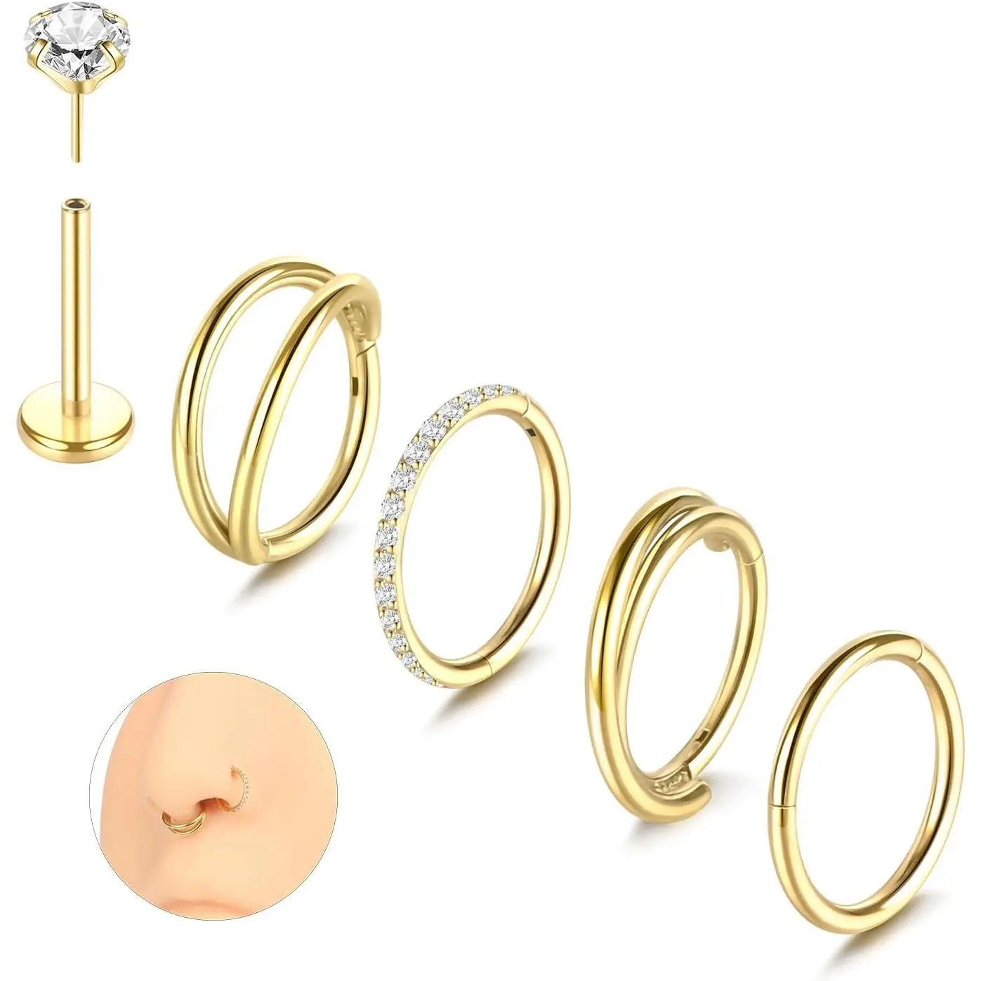 20G 18G 16G Nose Rings Hoops 316L Surgical Steel Double Hoop Nose Ring Septum Rings Threadless Nose Stud Tragus Helix Cartilage Daith Piercing Jewelry Silver Gold 7mm 8mm 9mm