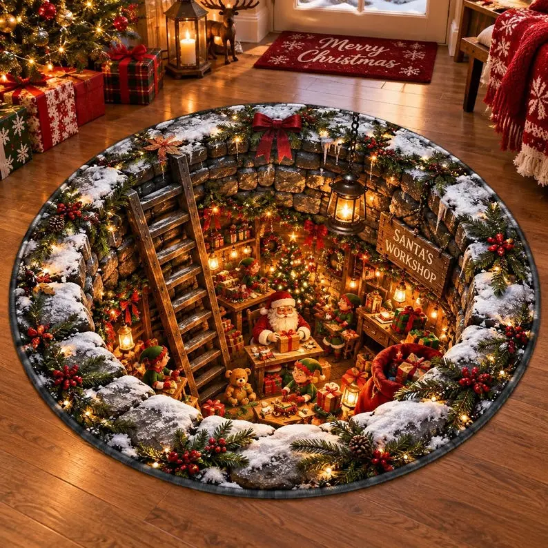 3D Christmas Round Rug, Winter Village Optical Illusion Holiday Floor Mat, Multiple Designs
