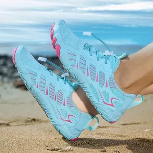 Women's Lightweight Quick-Drying Water Shoes - Non-Slip EVA Rubber Sole, Breathable Fabric, Suitable for Beaches, Swimming Pools, Yoga and Outdoor Activities - Light Blue with Pink Accessories, Beach Shoes