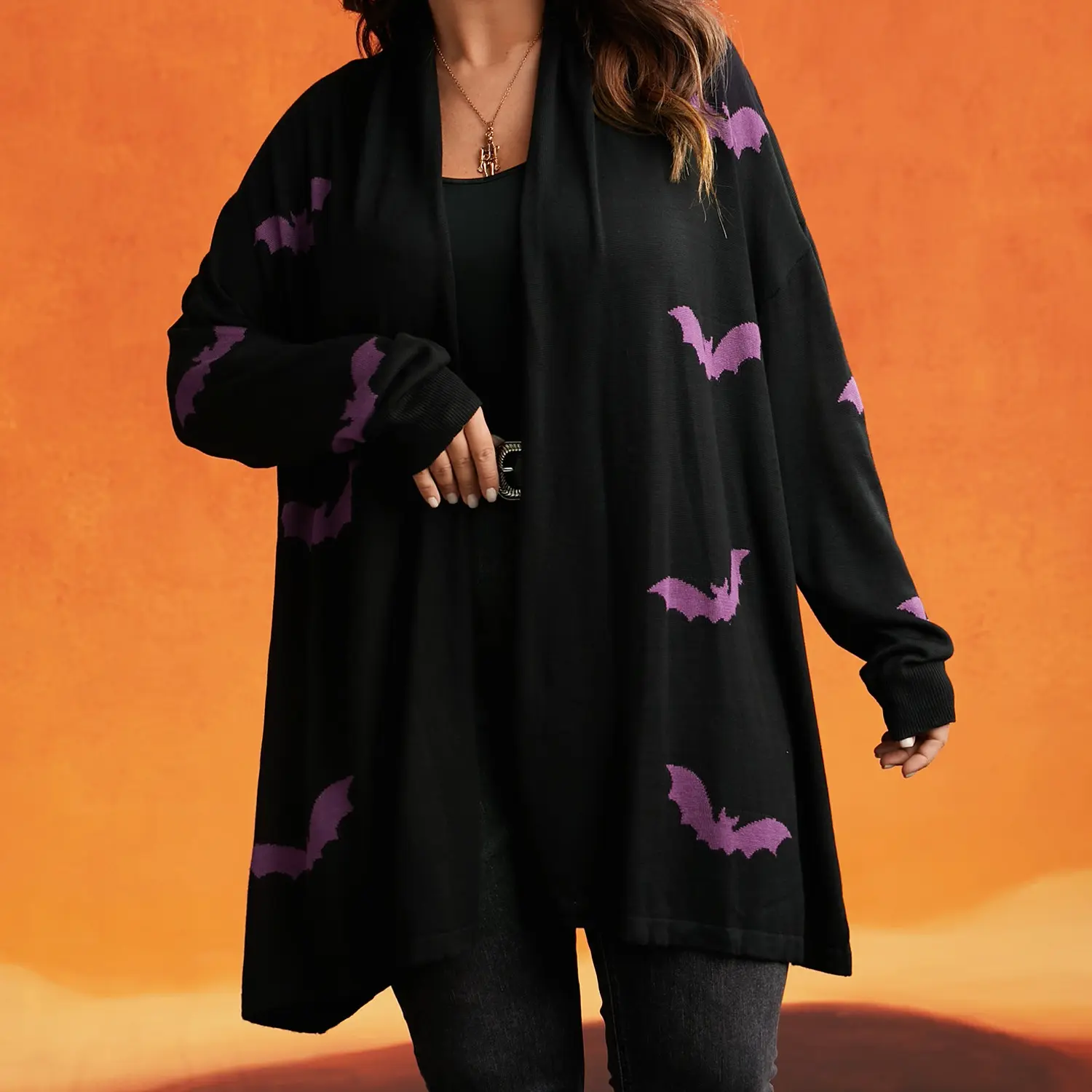 BloomChic Plus Size Women's Loose Fit Knit Cardigan - Goth Bat Print Open Front Longsleeves, Soft Rayon Layering Top, Casual Goth Clothes, SohoChic, Sweaters for Women