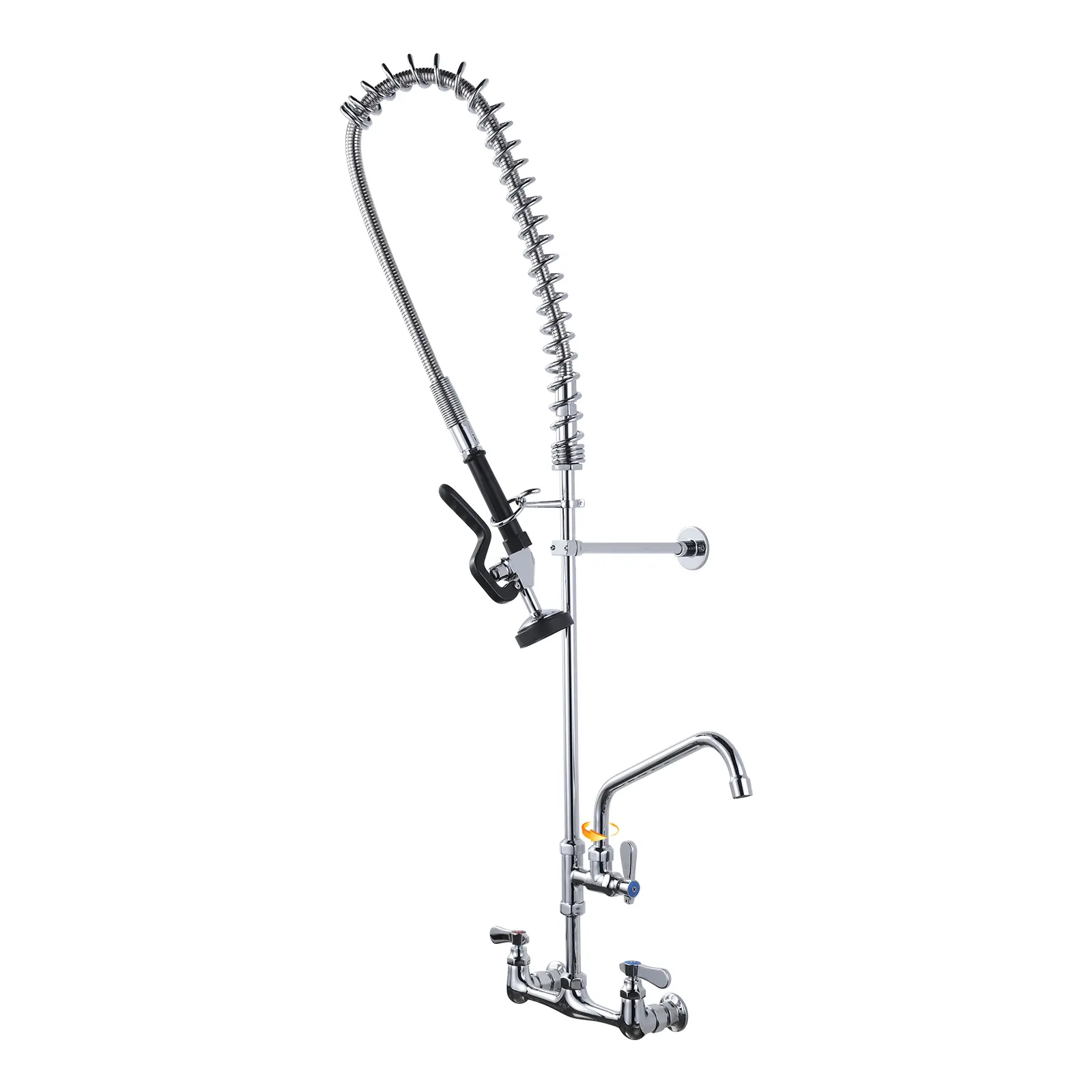 WOWOW Heavy Duty Cast Brass Industrial Classic Glam Wall-Mounted Commercial Kitchen Faucet - 43in Height, 8in Center, 10in Adjustable Spout, Pull-Down Pre-Rinse Spray, Easy Install for Restaurant Compartment Sinks