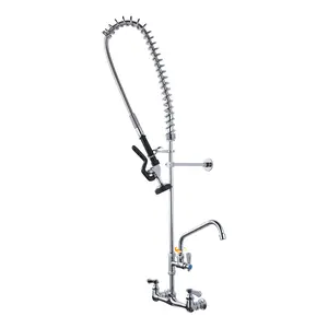 WOWOW 43" Height Commercial Kitchen Sink Faucet with Pre-Rinse Sprayer, 8 Inch Wall Mount Center Sink Faucet with Pull Down Spray Unit, Compartment Sink Faucet with 10" Swivel Spout for Restaurant