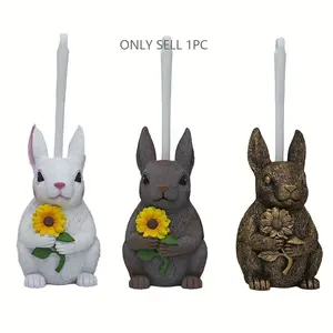 Handmade painted resin rabbit statue bathroom ornament toilet holder, original new animal sculpture toilet brush holder and compact plastic toilet brush, Easter cute rabbit toilet brush holder, toilet brush bathroom accessories 2 piece set