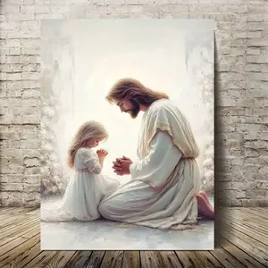 2D Flat, 1 Piece Framed Canvas Painting - Jesus and Little Girl Praying, Modern Christian Wall Art with Wooden Surround Frame, Serene Religious Decoration Suitable for Living Room, Bedroom, Bathroom, Home Office - Christian Spiritual Gift, Jesus and Girl