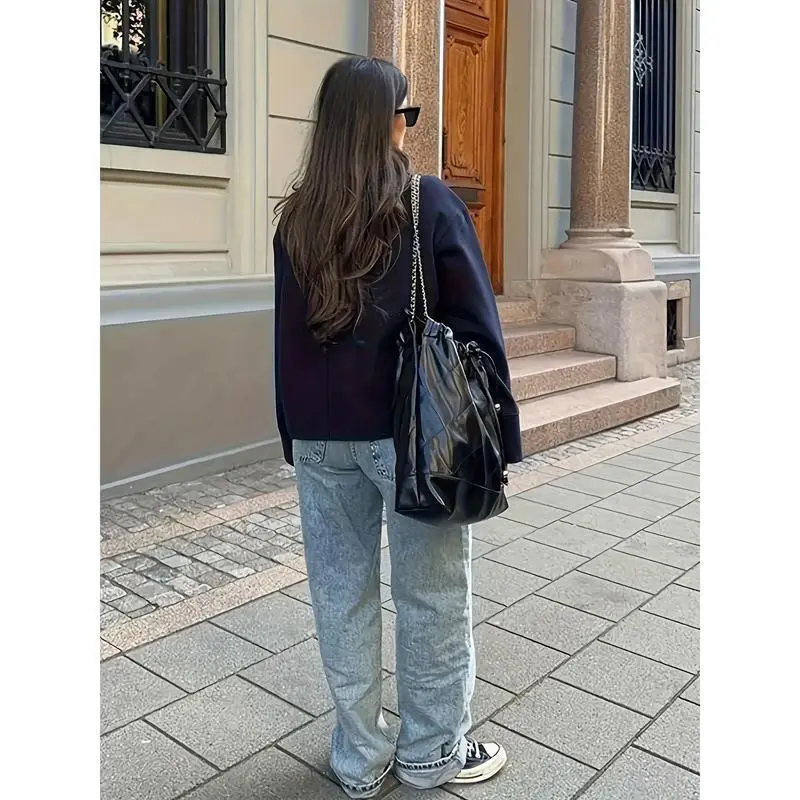 Women's Casual Elegant Stand Collar Short Jacket - Navy Blue Herringbone Tweed Button Front Lightweight Warm Coat, Suitable for Autumn and Winter, Machine Washable for Daily Wear Womenswear Tops Women's Casual Elegant Stand Collar Short Jacket - Navy Blue Herringbone Tweed Button Front Lightweight Warm Coat, Suitable for Autumn and Winter, Machine Washable for Daily Wear Womenswear Tops