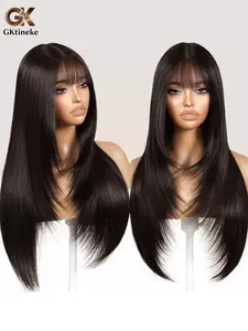 Gktineke Long straight layered synthetic wig with bangs 26-inch non-adhesive, brown wig for curtain bangs hair, realistic scalp, high-quality fibers, put on and go, suitable for all races, hairpiece, easy to wear, Straight Wigs