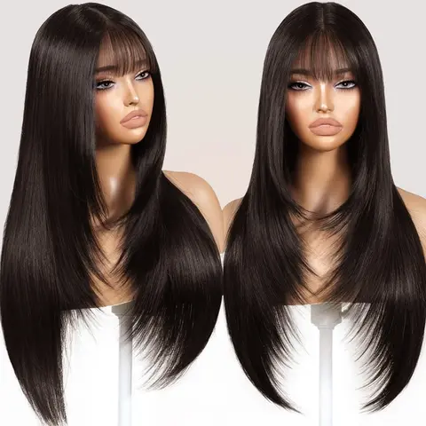 Gktineke Long straight layered synthetic wig with bangs 26-inch non-adhesive, brown wig hairband for curtain bangs hair, realistic female scalp, high-quality fibers, put on and go, suitable for all races, hairpiece, easy to wear, Premium Synthetic Wigs