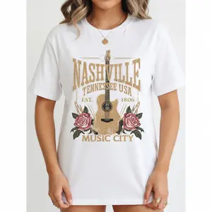 Nashville Music City Graphic T-Shirt, Edgy Guitar & Roses Print Oversized Tee, Tennessee USA Vintage Vibe Short Sleeve Apparel, Aesthetic Country Concert & Travel Souvenir Gift Fashion Top, Viral Trendy Southern Street Style Statement Streetwear Crew Neck