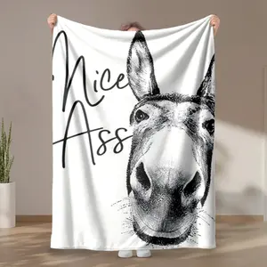 1 piece Humorous donkey head close-up with fun text design themed flannel blanket - Flannel woven blanket in modern style, suitable for sofas and beds, all-season use, super soft and comfortable, digitally printed pattern, machine washable and