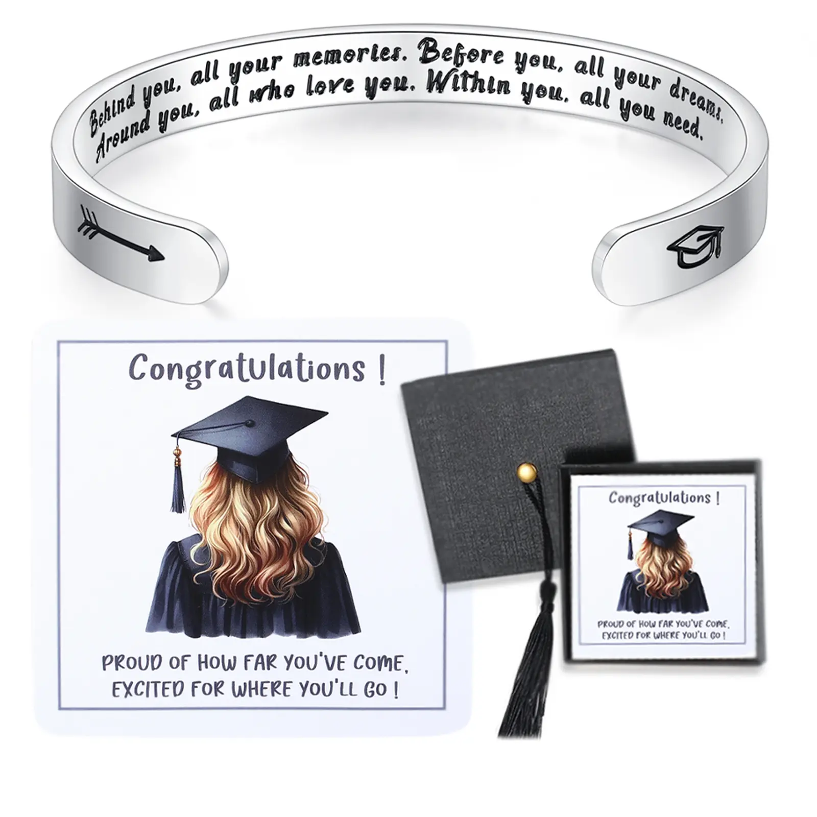 SAM & LORI Engraved Stainless Steel Cuff Bangle - Female Inspirational Bracelet with Engraved Quote, 6.25" Inner Circumference, Adjustable Fit, Rhinestone Decor, Compass Motif, Graduation Cap Tail Design, 2026 Graduation Jewelry for Teenage Girls, Gifts,,
