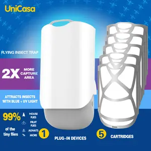 Unicasa Flying Insect Trap & 5 Refill Cartridges - Plug in Fly Trap & Indoor Bug Catcher for Gnats, House & Fruit Flies - Blue & UV Light Technology, Mess-Free Alternative to Bug Zapper