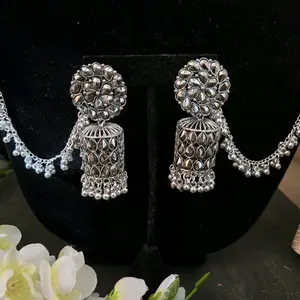JS Jhumkas Earrings with Decorative Design and Ear Chain