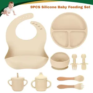 9PCS Silicone Baby Feeding Set – Suction Plate & Bowl, Bib, Sippy Cup, Straw Cup, Baby Spoon & Fork Utensils for Toddlers (Beige)