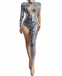 Mirror Metallic Hollow-Out One Leg Design Performance Costume Jumpsuits