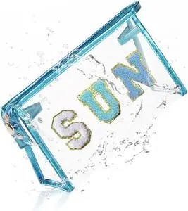 Clear Makeup Bag with Letter Patches, Sunscreen Pouch Summer Beach Essentials, Travel Accessories Birthday & Christmas Gifts for Women