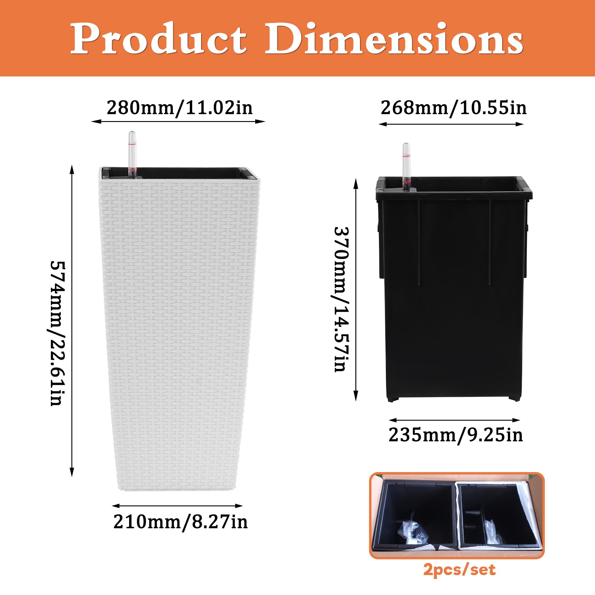 22 Inch High Pack of 2 Large Square Faux Rattan Planters, Self-Watering Flower Pots with Automatic Watering System & Drainage, Modern White Decorative Planter for Indoor Outdoor Use, Perfect for Porch, Patio, Backyard, Garden