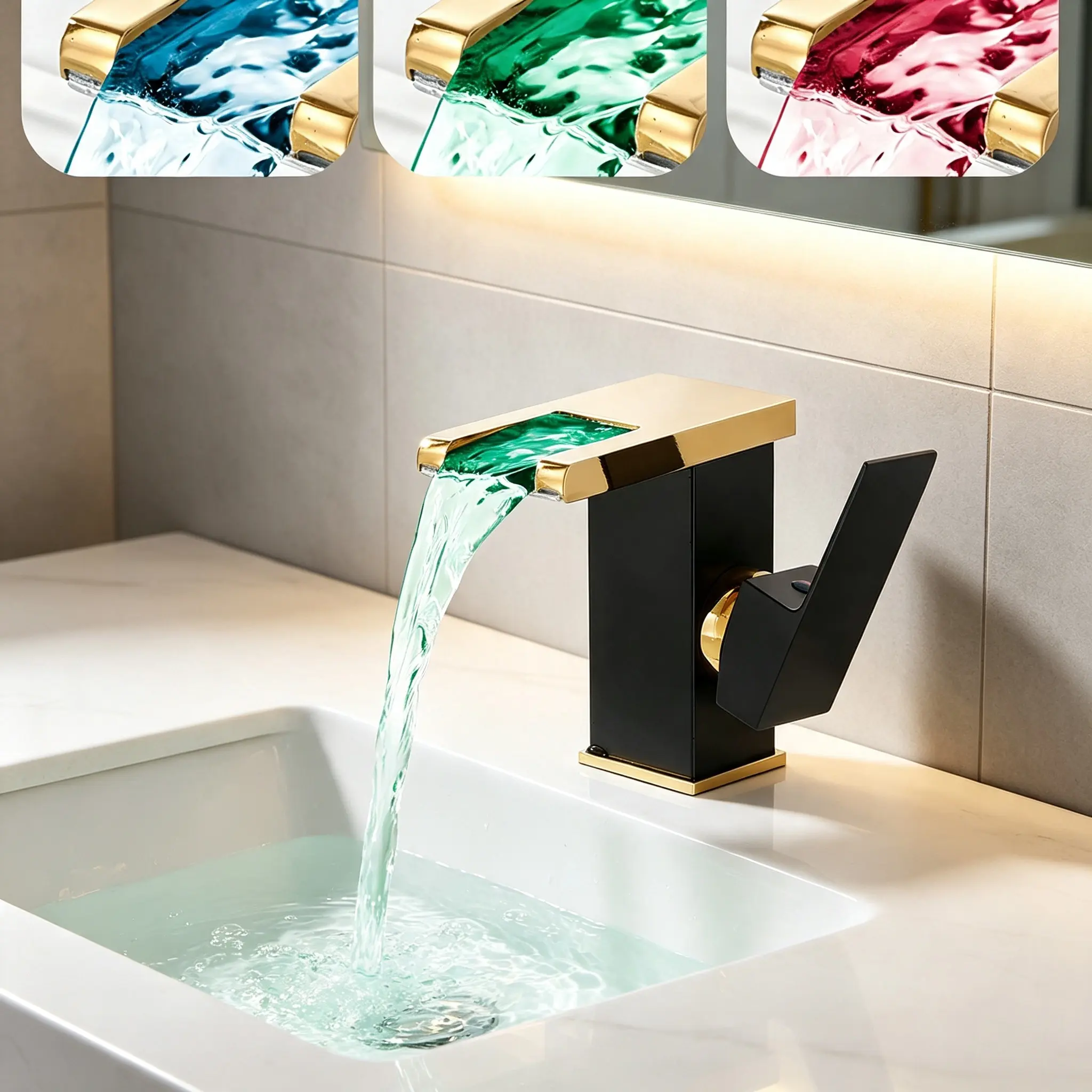 Black-Gold LED Waterfall Bathroom Faucet, 3-Color Changing Spout, Single-Handle 1-Hole Lavatory Vanity Sink Faucet, Deck-Mount Commercial Bath Basin Tap