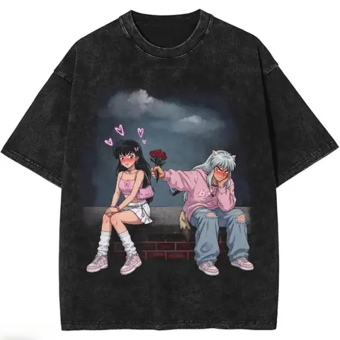 Men's Inuyasha Kagome Inspired Anime Couple T-Shirt, Soft Cotton Fabrics Classic Garment Apparel, Cute Tsundere Love Pink Aesthetic Romantic Crewneck Streetwear Top, Couple Gift