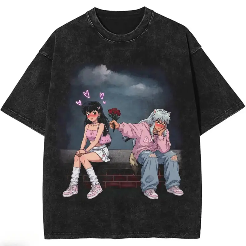 Men's Inuyasha Kagome Inspired Anime Couple T-Shirt, Soft Cotton Fabrics Classic Garment Apparel, Cute Tsundere Love Pink Aesthetic Romantic Crewneck Streetwear Top, Couple Gift