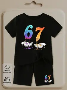 Kids Black "Ice Cream Baseball 67" Sporty Short Set, Youth Kits - 2026 Trending Kids Streetwear, Soft Breathable Cotton Perfect for Baseball Games & Birthday Parties